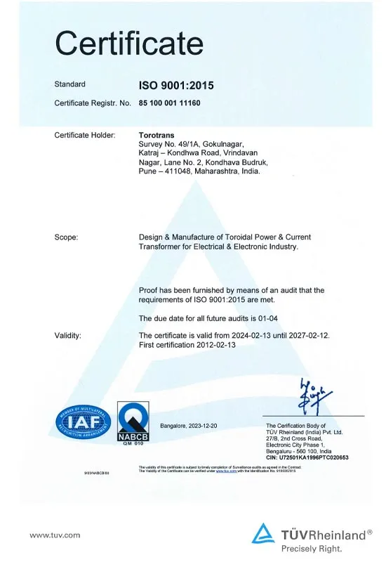 Torotrans ISO Quality Management System Certificate